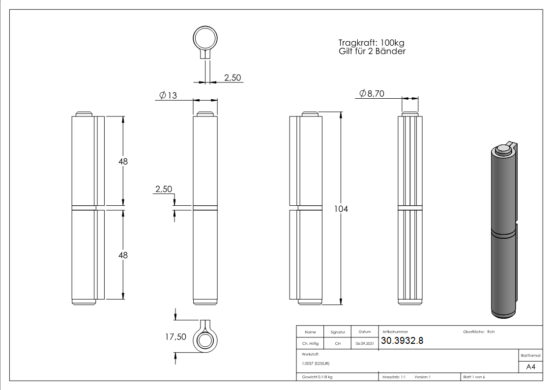 Anschweissband - 2-teilig - Tragkraft- 300kg - Stahl S235JR- roh-30-3932.8