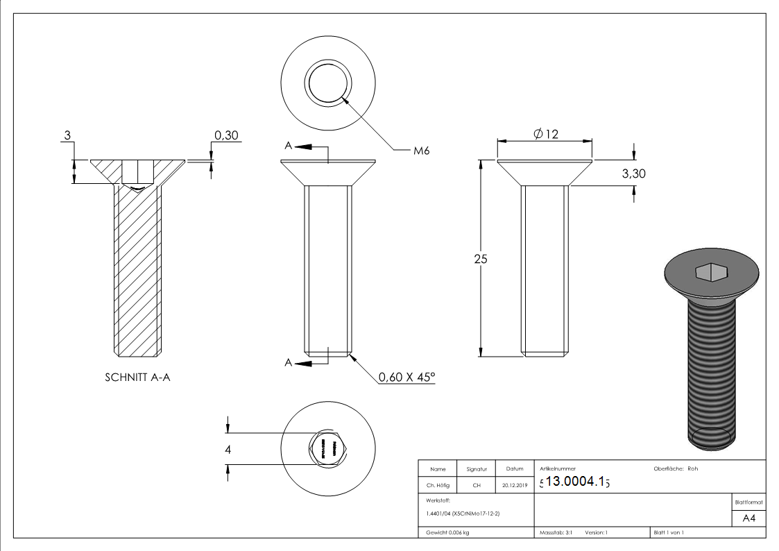 Senkkopfschraube M6x25 mm V4A-13-0004.1