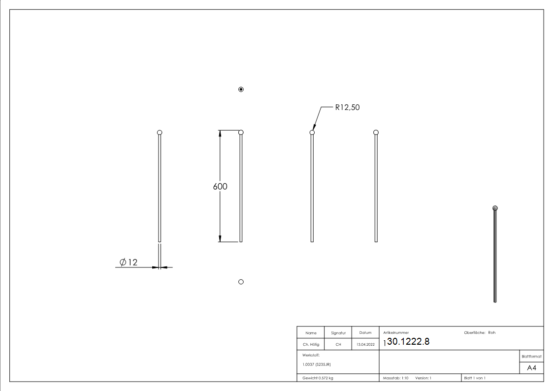 Zaunstab - Laenge- 600 mm - Material Ø 12 mm - Kugel Ø 25 mm - Stahl S235JR- roh-30-1222.8