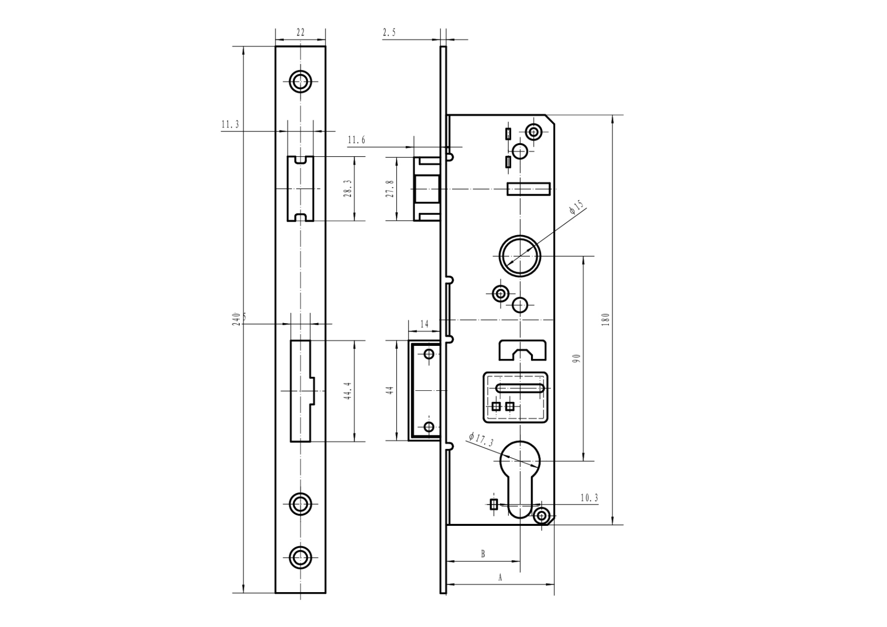 Einsteckschloss Edelstahl A2 - Stahl verzinkt fuer Profil 60x40mm Dornmass 90mm-89-11B83040X90B-A.4