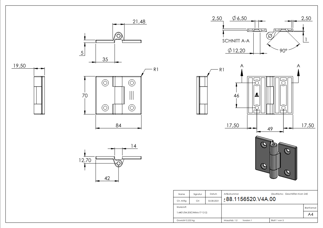 Anschraubscharnier fuer flache Profile- V4A-88-1156520-V4A.00