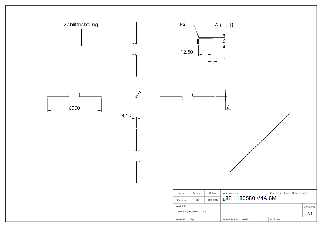 Kantenschutz EXTRA SLIM- fuer Glas 10-00 - 11-52mm- L=6m- Edelstahl V4A-88-1180580-V4A.6M
