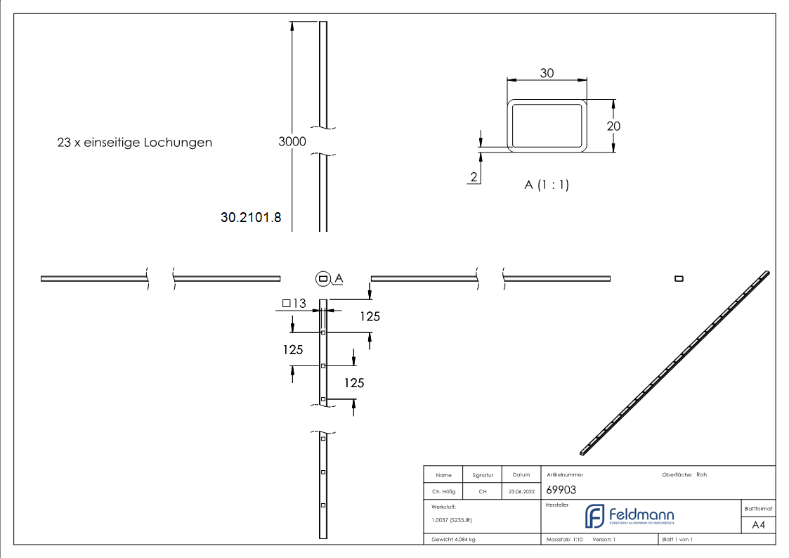 Rechteckrohr - Masse- 30x20x2 mm - Laenge- 3000 mm - Stahl S235JR- roh-30-2101.8