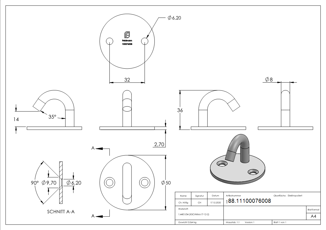 Befestigungsoese Edelstahl V4A 8 mm mit runder Platte- 2 Bohrungen-88.11100076008