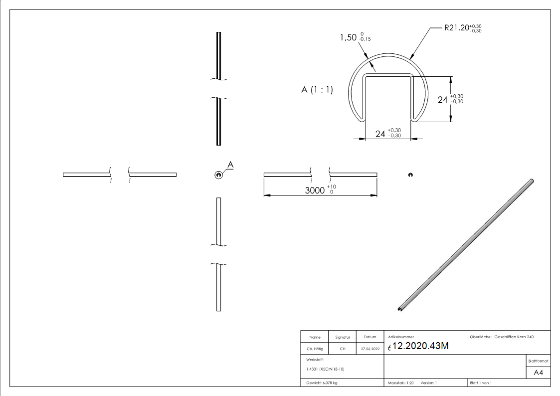 Nutrohr Ø 42-4x1-5 mm mit Nut- 24x24 mm Laenge- 3000 mm V2A Edelstahl-12-2020.43M