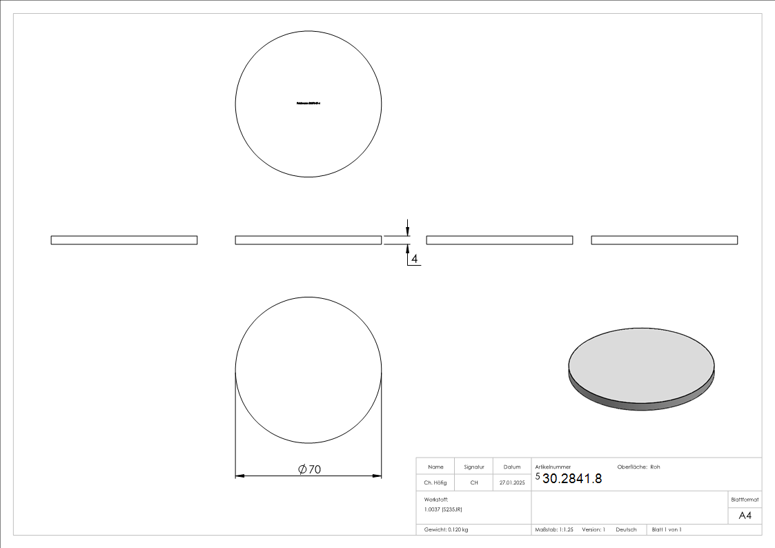 Ronde - Ø 70x4 mm - Stahl S235JR- roh-30-2841.8