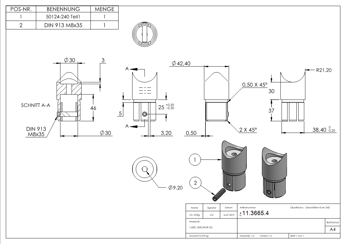 Winkelverbinder V2A fuer Rohr Ø 42-4 mm mit Anschluss oben Klemmschraube-11-3665.4
