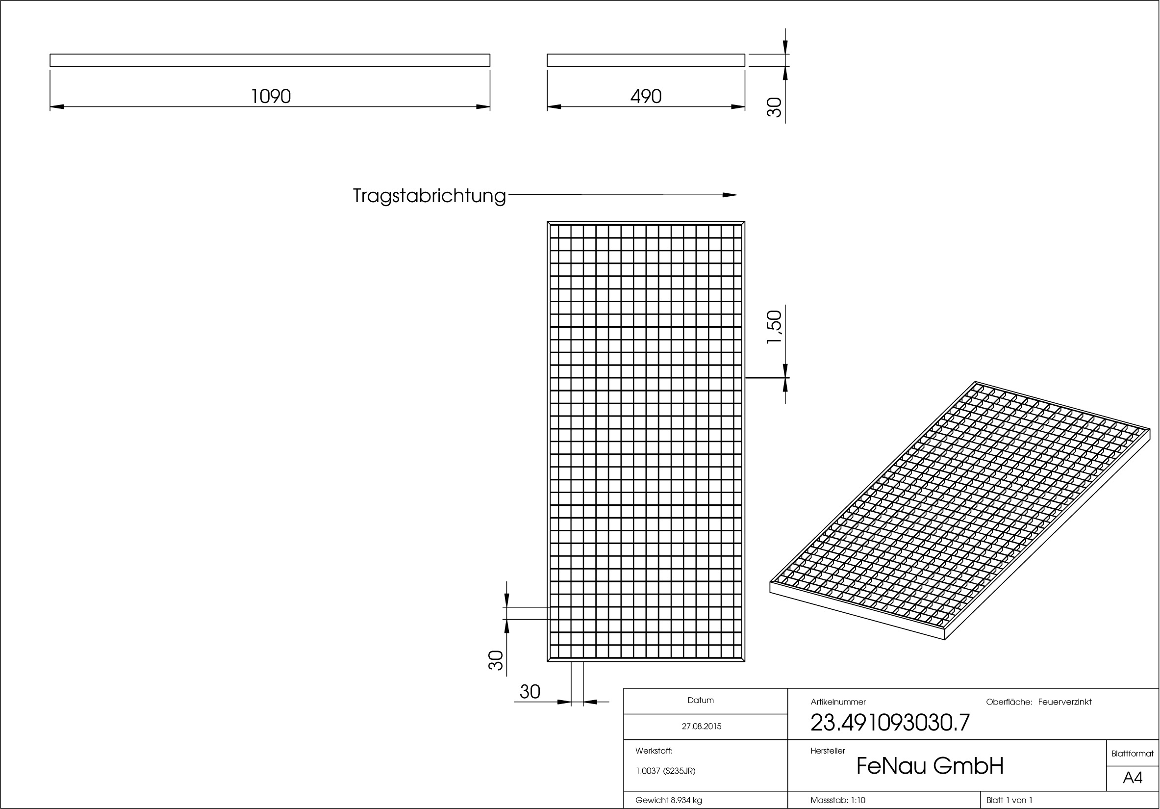 Lichtschachtrost Baunormrost - Masse-  490x1090x30 mm 30-30 mm - aus S235JR -St37-2- im Vollbad feuerverzinkt-23-491093030.7