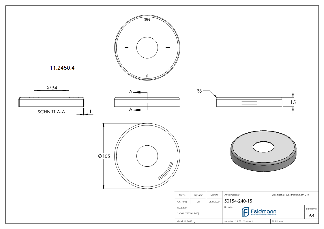 Abdeckrosette Ø 105x15 mm fuer Rundrohr Ø 33-7 mm V2A-11-2450.4