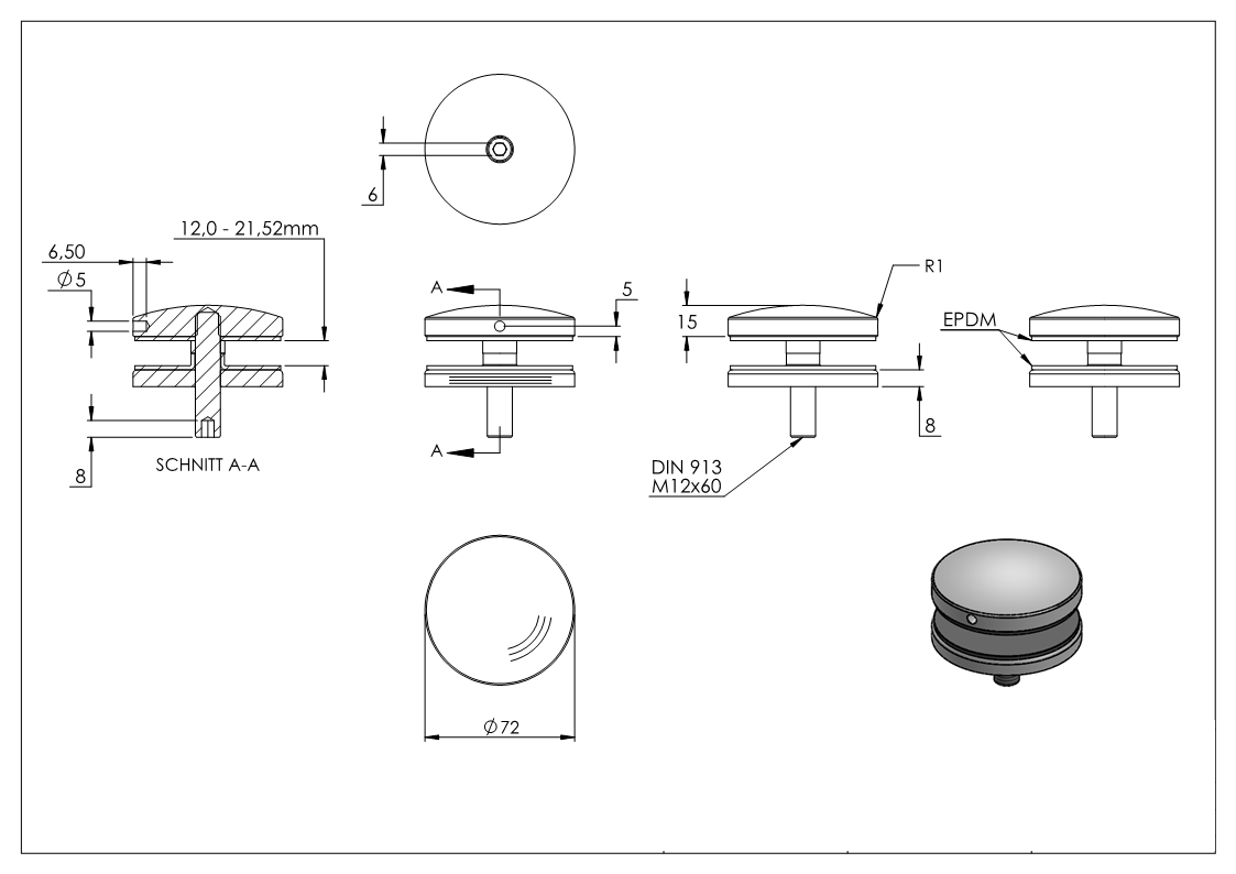 Glaspunkthalter Ø 72 mm fuer Anschluss- flach V2A - V4A-10-GPH72.1