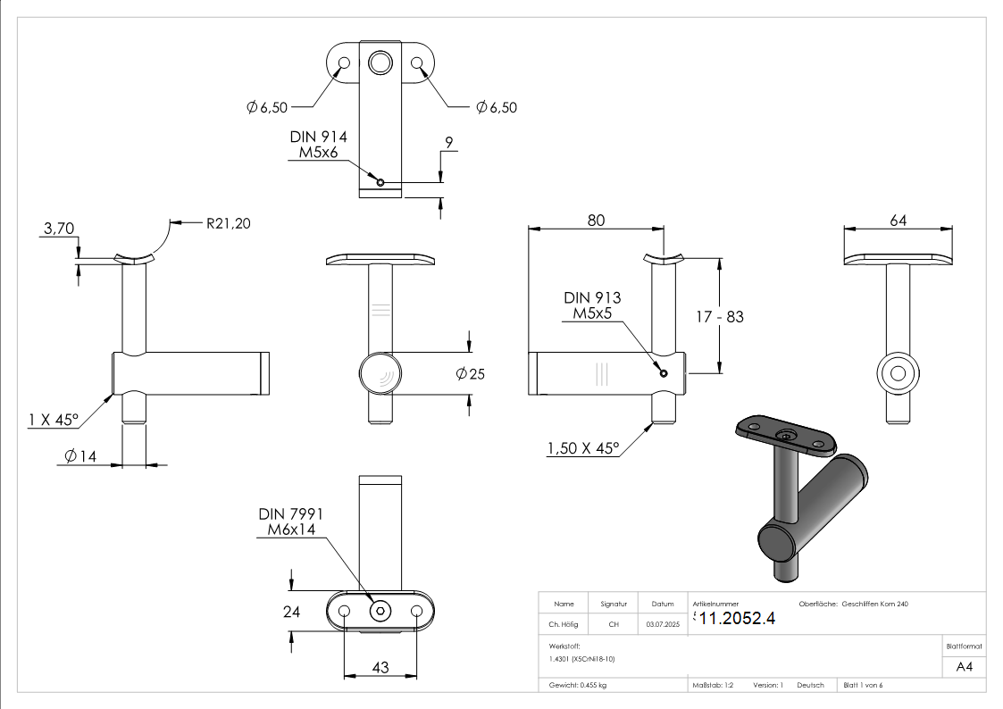Handlaufhalter hoehenverstellbar und Halteplatte fuer flachen Anschluss V2A-11-2052.4