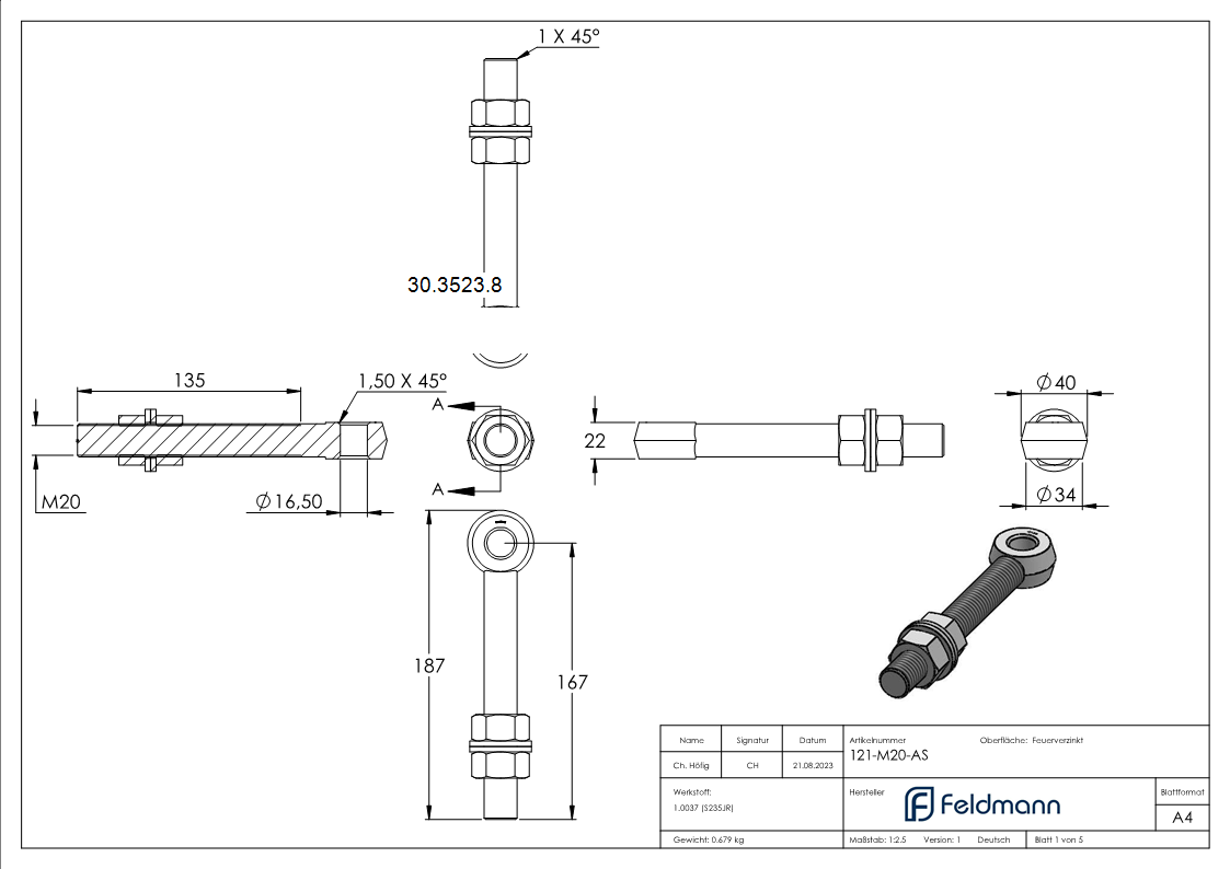 Torband Augenschraube M20 x 160 mm - Komplett Feuerverzinkt - inkl- Muttern - Scheiben-30-3523.8