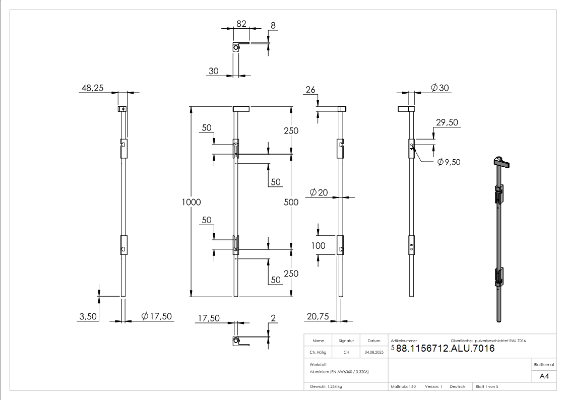 Bodenriegel XL mit zwei Befestigungen- Laenge 1000mm- zum Anschrauben- RAL 7016-88-1156712-ALU.7016