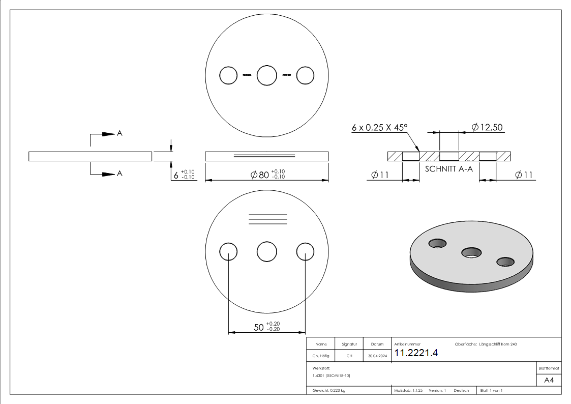 Ankerplatte Ø 80 x 6 mm mit Zentrierbohrung- Ø 12-5 mm V2A-11-2221.4
