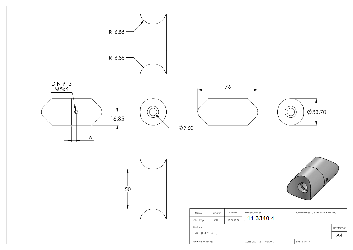 Rohrverbindungsstueck verstellbar fuer Rundrohr Ø 33-7 mm V2A-11-3340.4