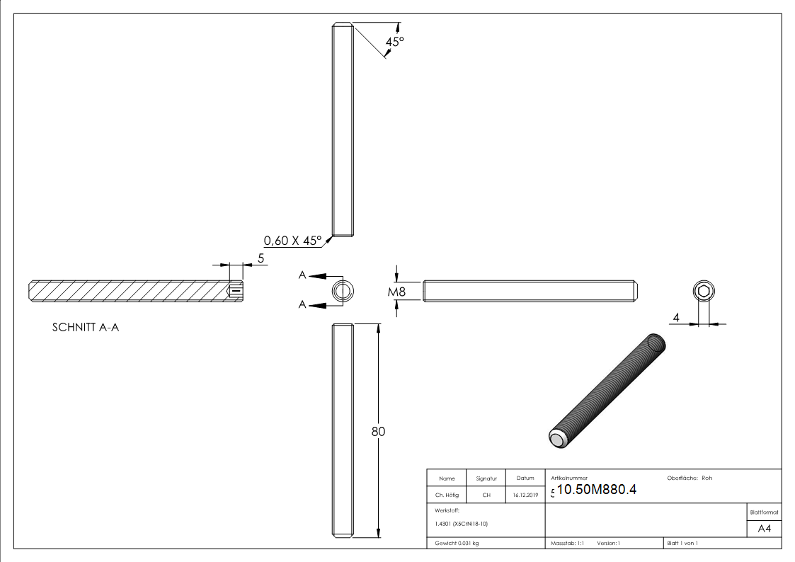 Gewindestift V2A Edelstahl M8x80 DIN 913 - ISO 4026 Kegelkuppe-10-50M880.4