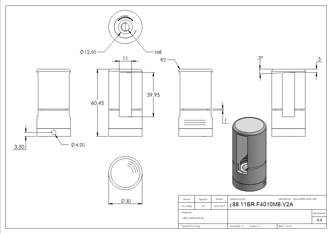 BRENK-fix® Grundhalter fuer Flachstaebe 40 x 10mm- V2A-88-11BR-F4010M8.V2A