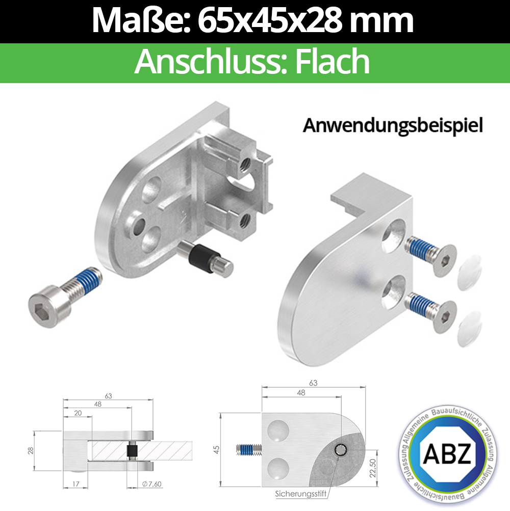 Glasklemme ABZ 65x45x28 mm Flach- ZAMAK - Zinkdruckguss- fuer 10-00 mm ESG Glas- Nein - Ohne Sicherungsstift-10-MODELL32-1-4-10.1