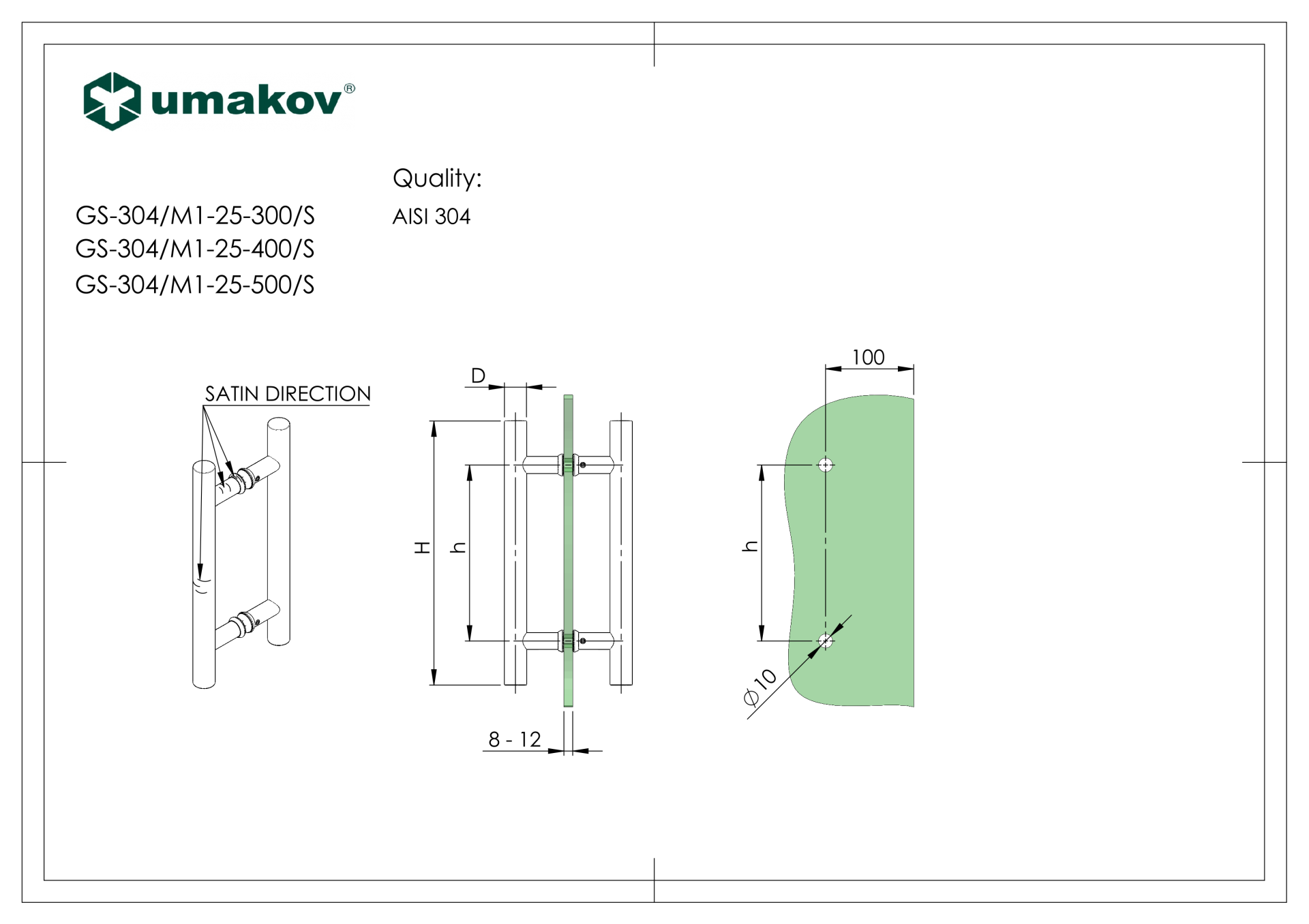 FeNau Glastuergriff Edelstahl AISI 304 Rund Ø25mm L400mm geschliffen-89-11GS304M125400S-A.4