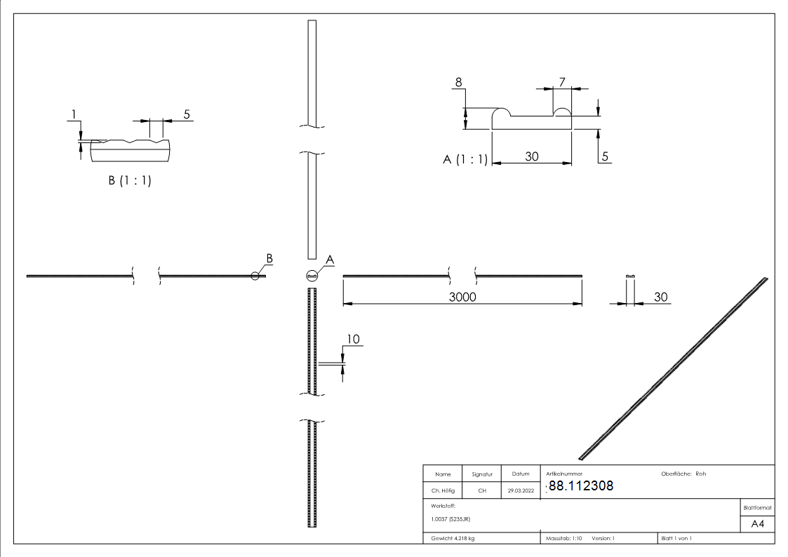 Hespeneisen 30x8x4 mm gerillt 3000mm Zierprofil-88.112308