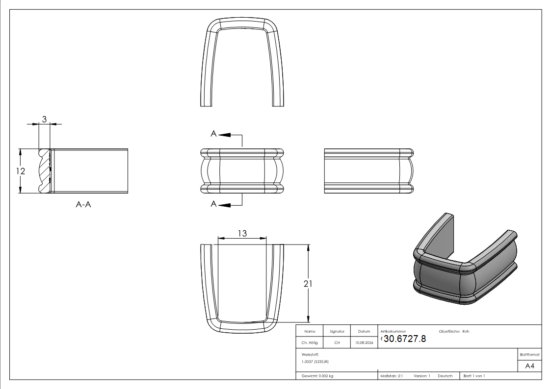Bund - 1 Stueck - Material- 12x3 mm - Innenmass- 13x21 mm - Stahl -Roh- S235JR-30-6727.8