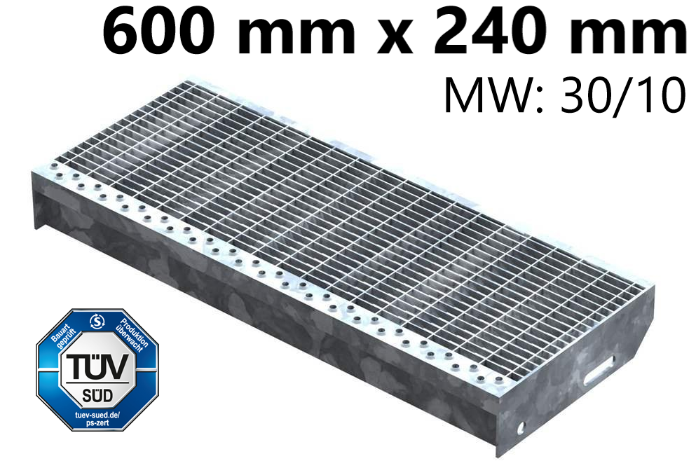 Gitterroststufe Treppenstufe Masse- 600x240 mm 30-10 mm S235JR -St37-2- im Vollbad feuerverzinkt-40-602431.7