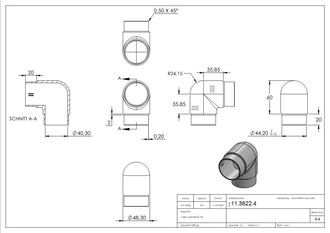 Eckbogen 90° eng- fuer Rundrohr Ø 48-3x2-0 mm V2A-11-3622.4