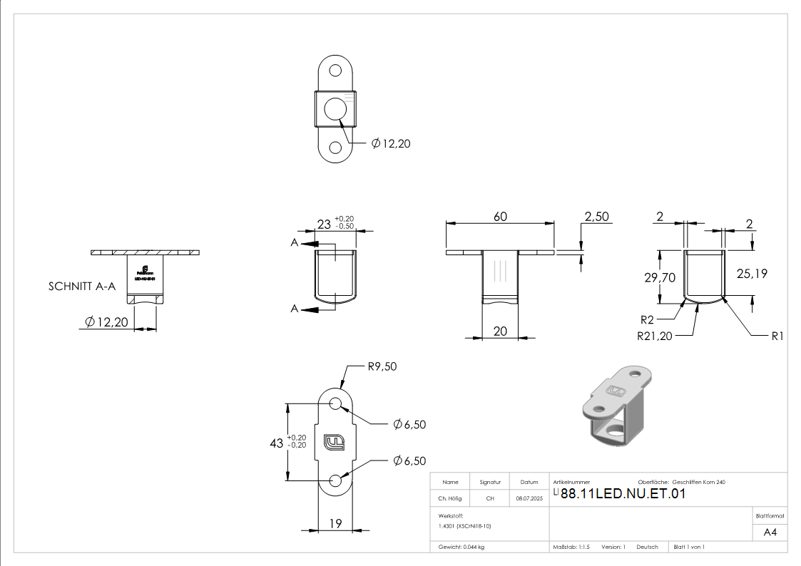 LED Anschlussplatte V2A 60 x 29-7 mm fuer Nut 24x24mm Kabel Ø12-2mm-88-11LED-NU-ET.01
