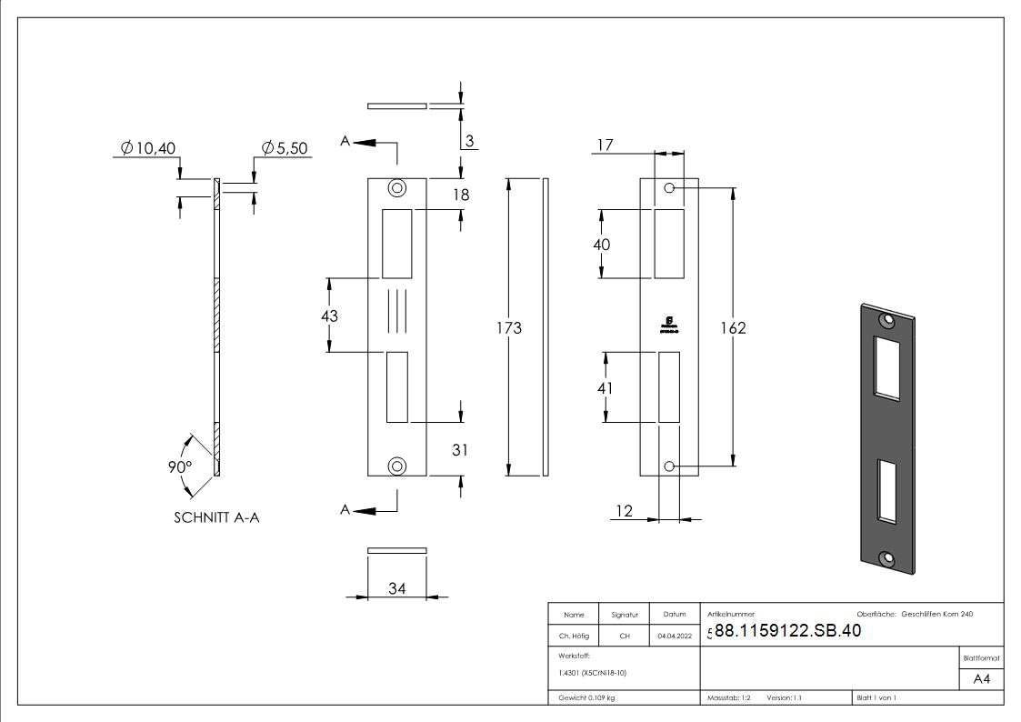Schlieblech Edelstahl V2A fr 40 mm Schiebetorschlsser geschliffen-88-1159122-SB.40