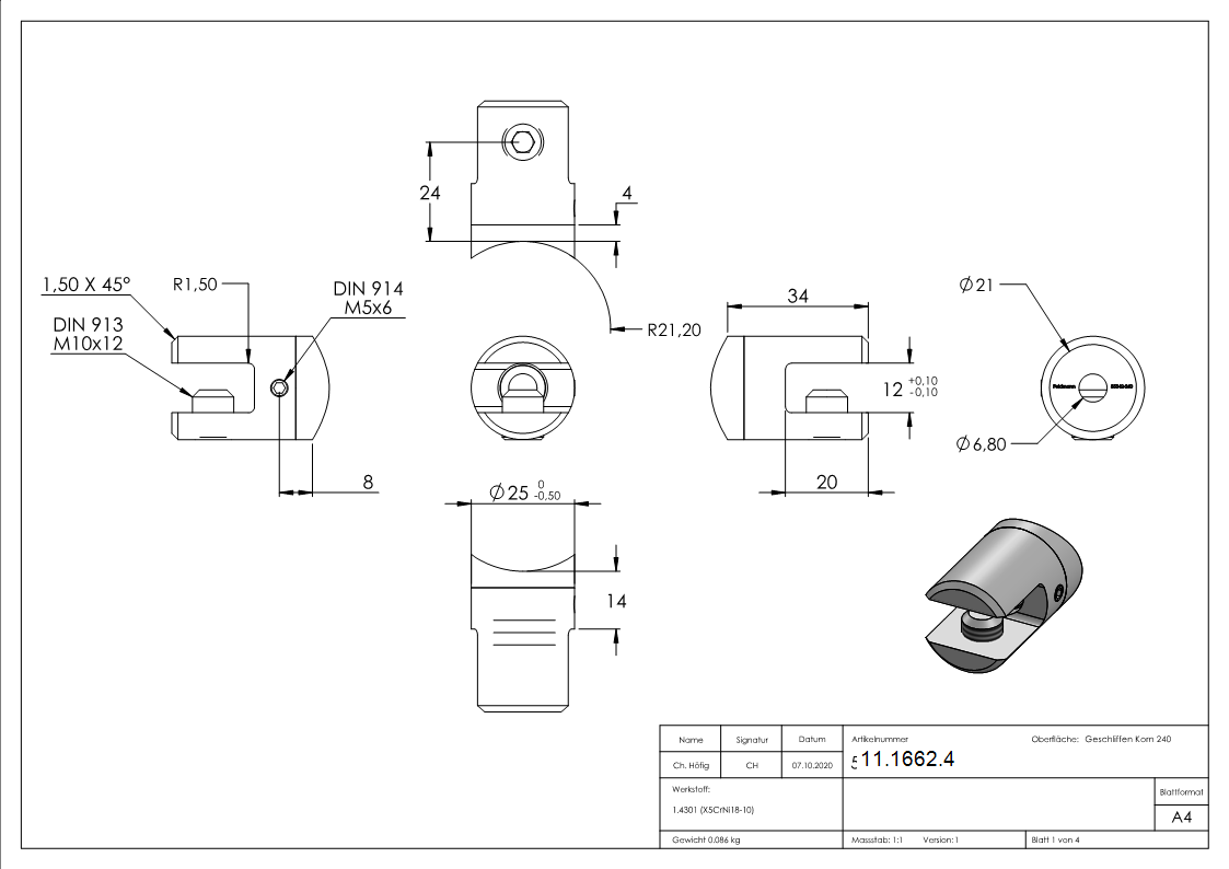 Querstab-Plattenhalter V2A Edelstahl Ø 25 mm – Anschluss 42-4 mm inkl- Schrauben-11-1662.4