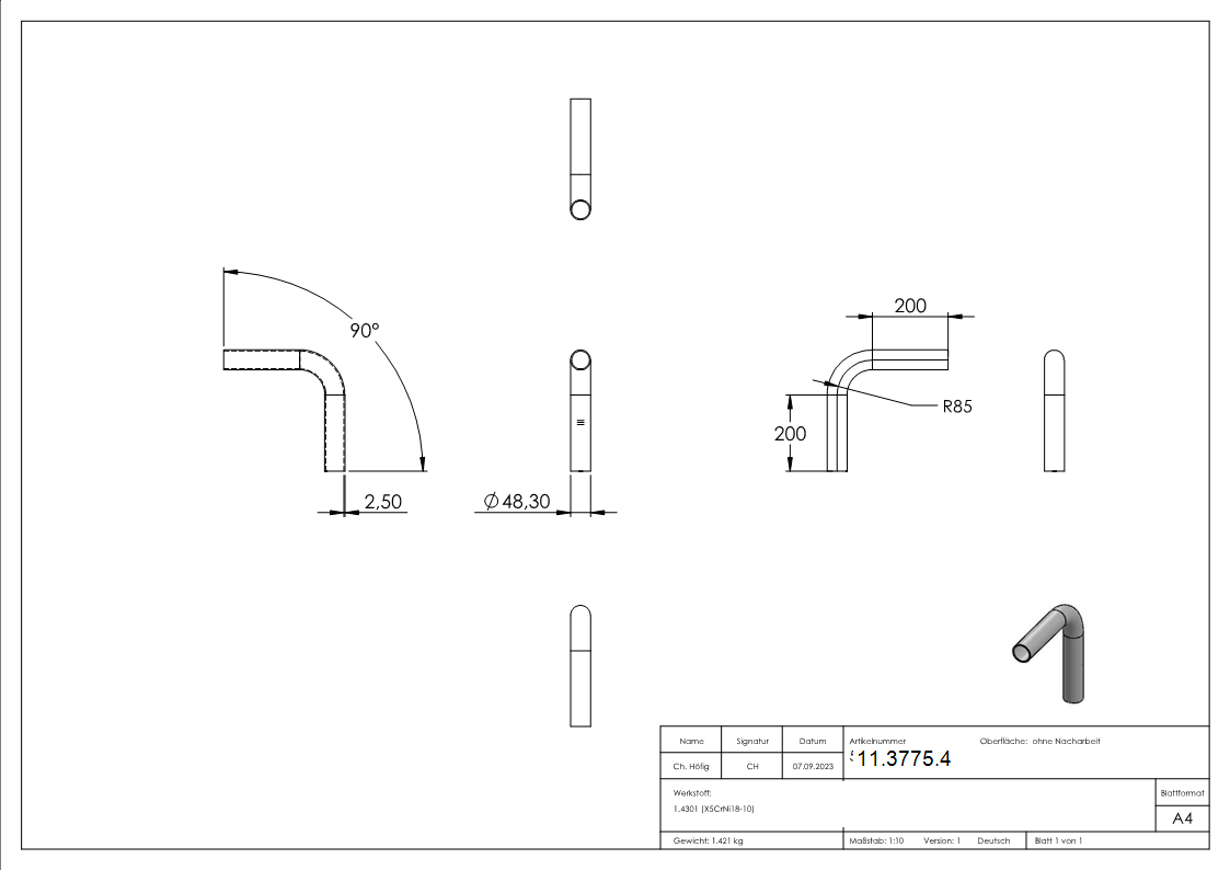 Bogen 90° zum Schweissen aus Rundrohr- Ø 48-3x2-6 mm V2A-11-3775.4