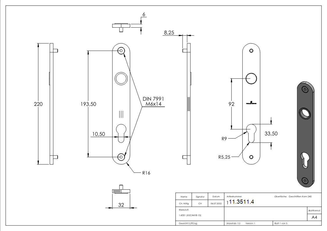 Langschild 32 x 220 x 6 mm fuer Einstreckschloesser-11-3511.4