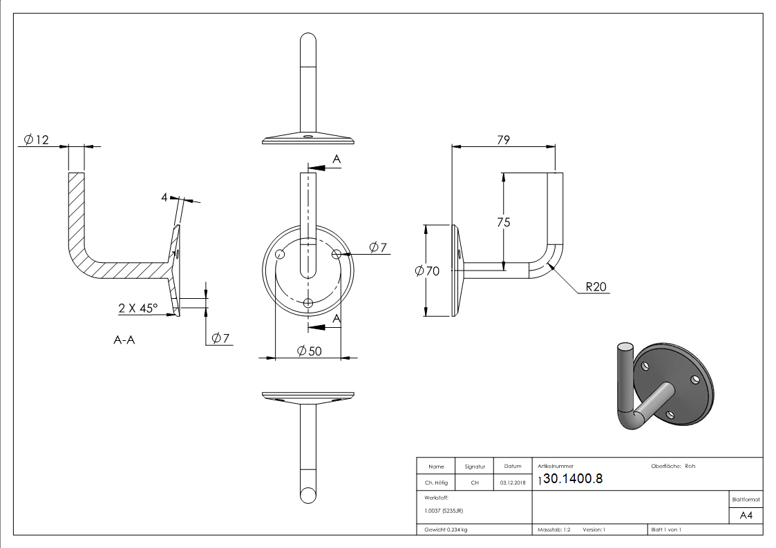 Handlaufhalter - mit Ronde 70x4 mm - zum Anschweissen - Stahl S235JR- roh-30-1400.8
