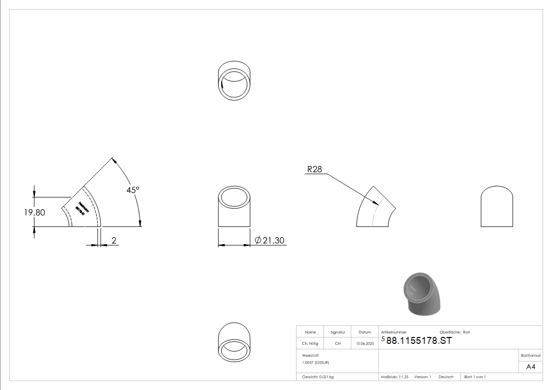 Rohrbogen 45° Stahl roh - 21-3 x 2-0 mm -½- - Bauart 3-88-1155178.ST