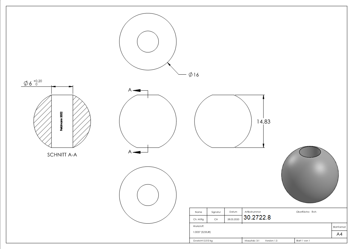 Annietkugel - Ø 16 mm Kopf - Ø 5 mm Bohrung - Stahl S235JR- roh-30-2722.8