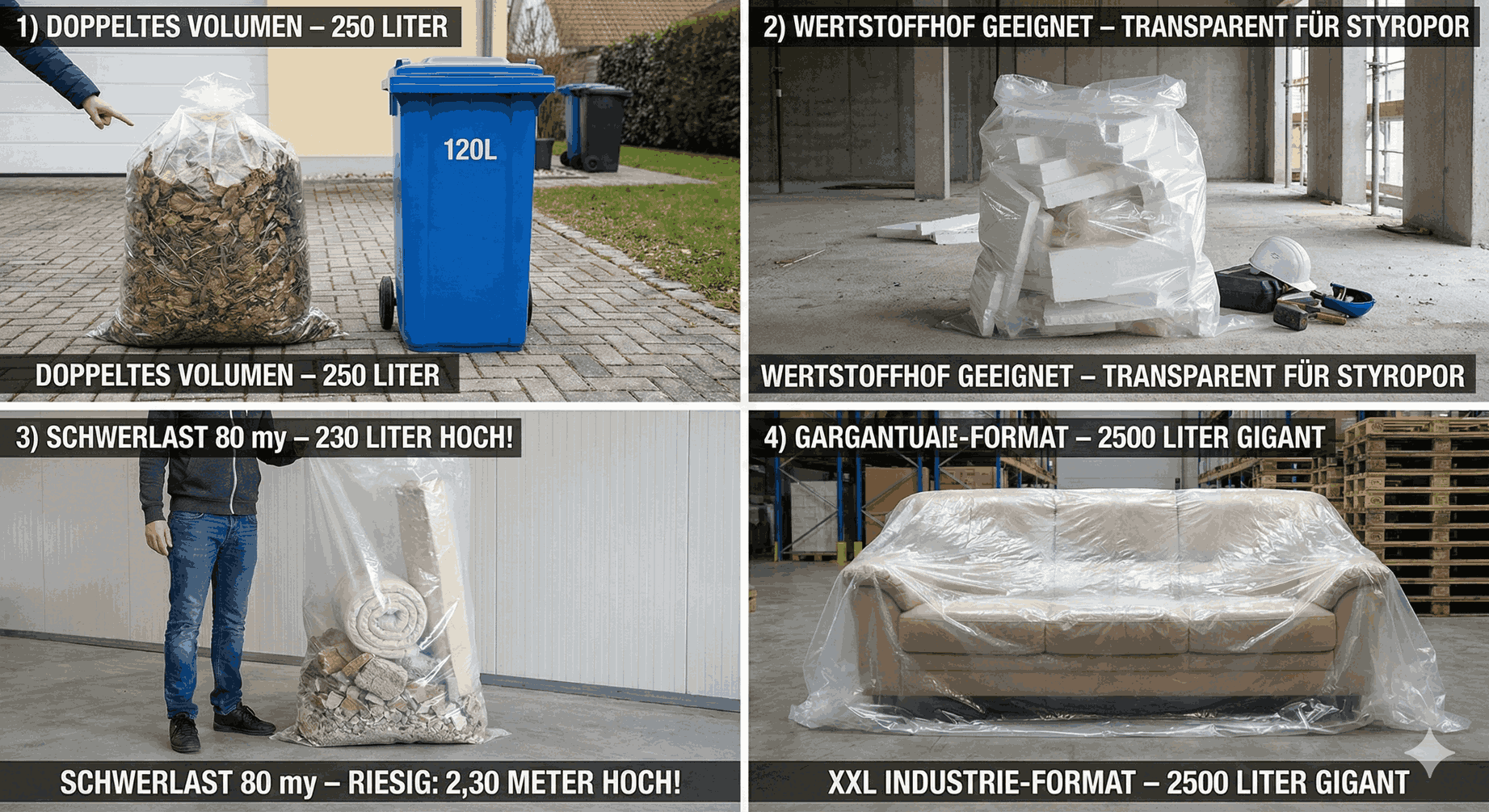 20 Stueck - XXL Muellsaecke 250 Liter Transparent 60my - Extra Reissfest 150cm lang - Profi Entsorgungssack-1SFB700-550X150060_20