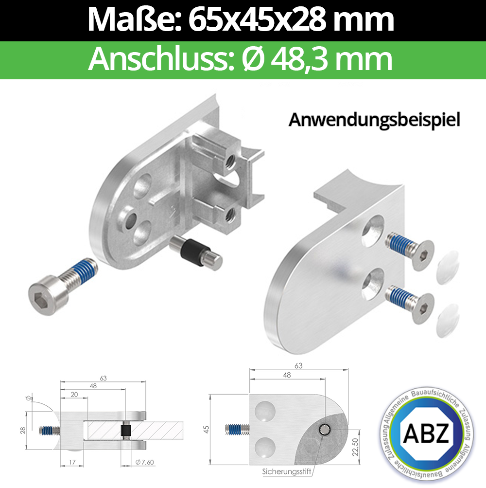 Glasklemme ABZ 65x45x28 mm Ø 48-3 mm- V4A - AISI 316 - 1-4401-04- fuer 10-00 mm ESG Glas- Sicherungsstift -Bohrung 12 mm-10-MODELL32-48-2-10.3