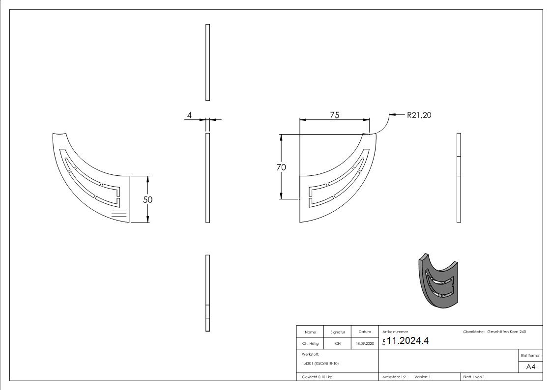 Handlaufschwert zum Anschweissen fuer Rohr Ø 42-4 mm V2A-11-2024.4