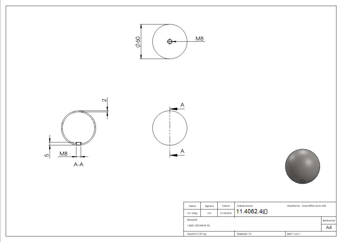 Hohlkugel Ø 60 mm mit Gewinde M8 V2A-11-4062.4
