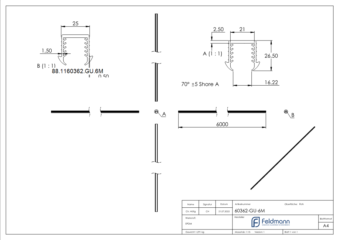 Keildichtung Glas 16-76 – 17-52mm- fuer Nut 24 x 24mm- Laenge 6m- EPDM-88-1160362-GU.6M