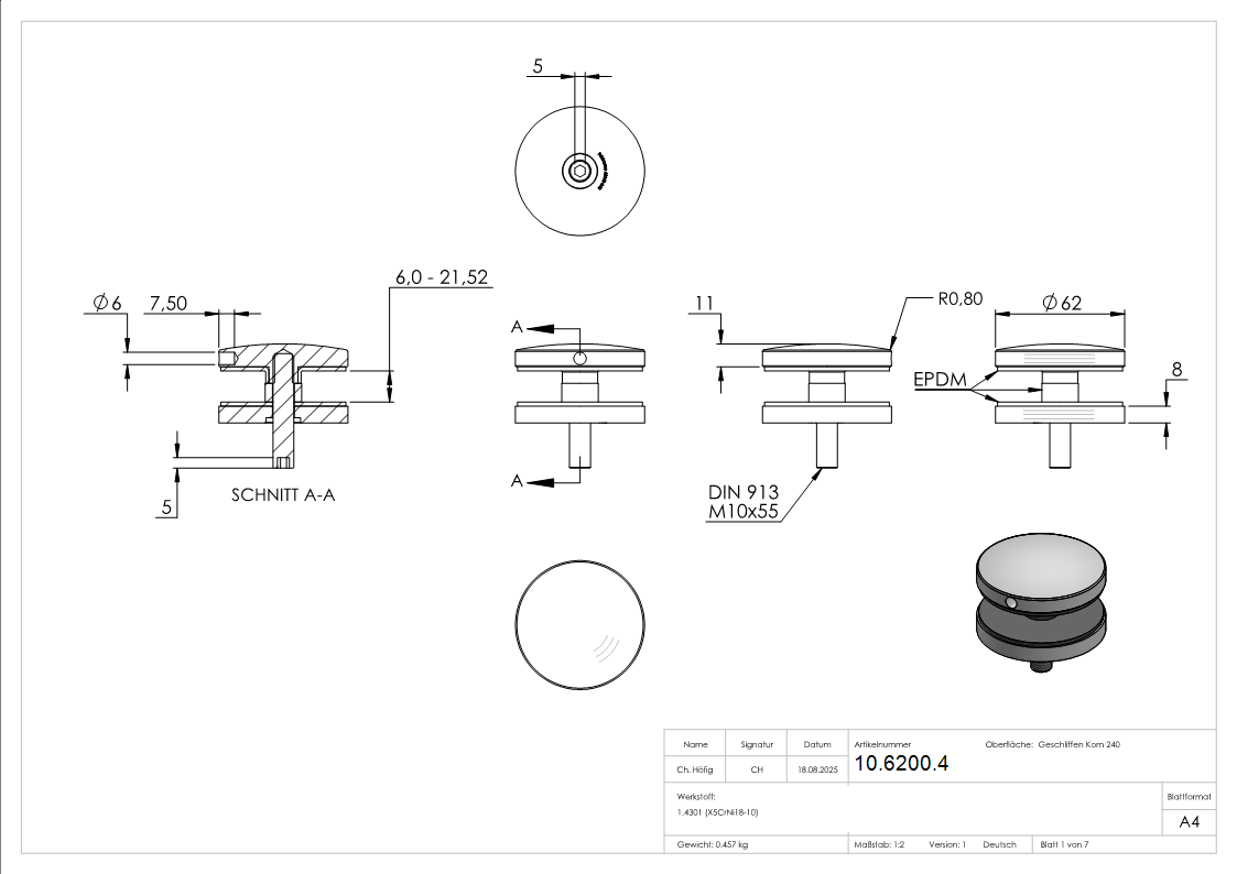 Glaspunkthalter Ø 62 mm- V2A- Anschluss- Flach mit AbP-10-6200.4