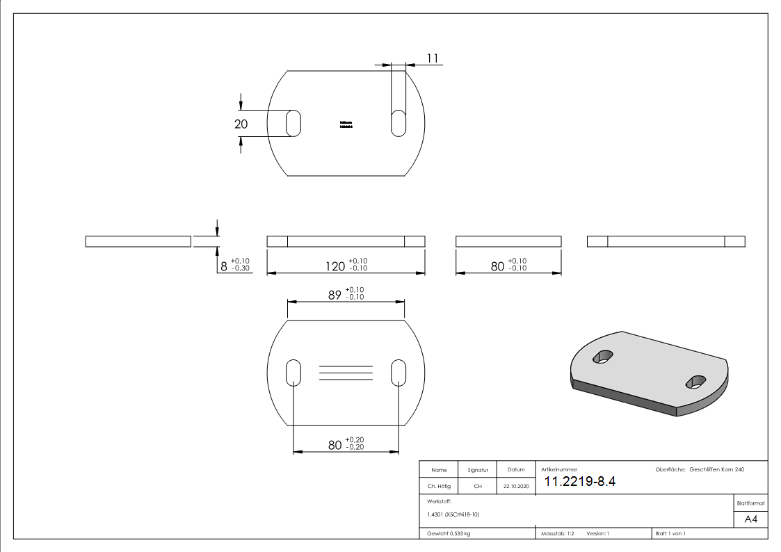 Ankerplatte Masse- 120 x 80 x 8 mm mit Langlochbohrung V2A-11-2219-8.4