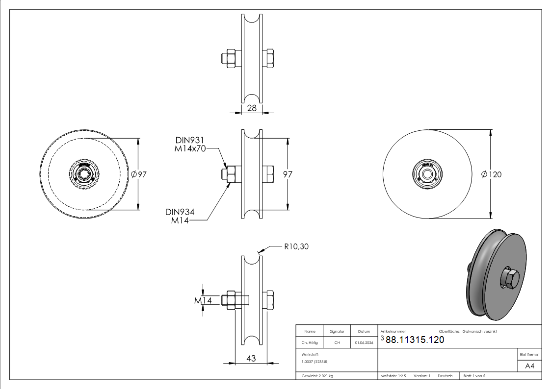 Schiebetorrolle Stahl galvanisch verzinkt  120 mm fr Schiene  20 mm 2 Kugellager-88-11315.120