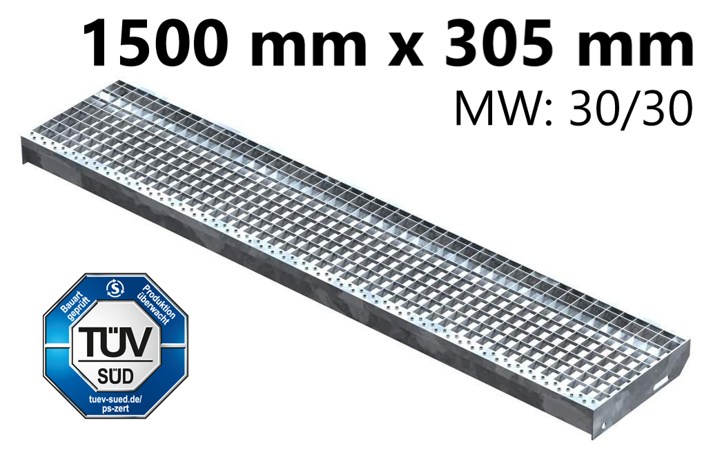 Gitterroststufe Treppenstufe Masse- 1500x305 mm 30-30 mm S235JR -St37-2- im Vollbad feuerverzinkt-40-1503030.7