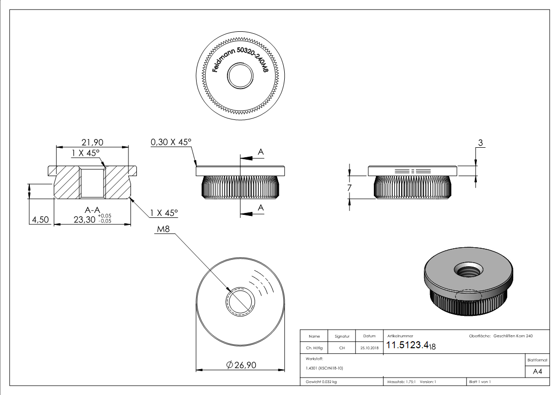 Rohrstopfen fuer Ø 26-9x2-0 mm flach zum Einschlagen mit M8 V2A-11-5123.4