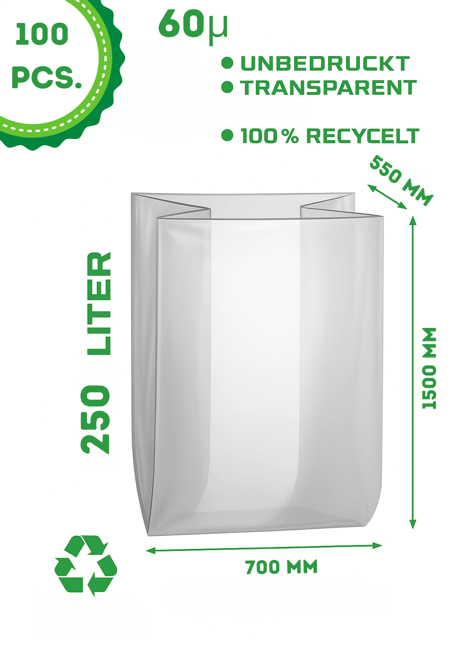 20 Stueck - XXL Muellsaecke 250 Liter Transparent 60my - Extra Reissfest 150cm lang - Profi Entsorgungssack-1SFB700-550X150060_20