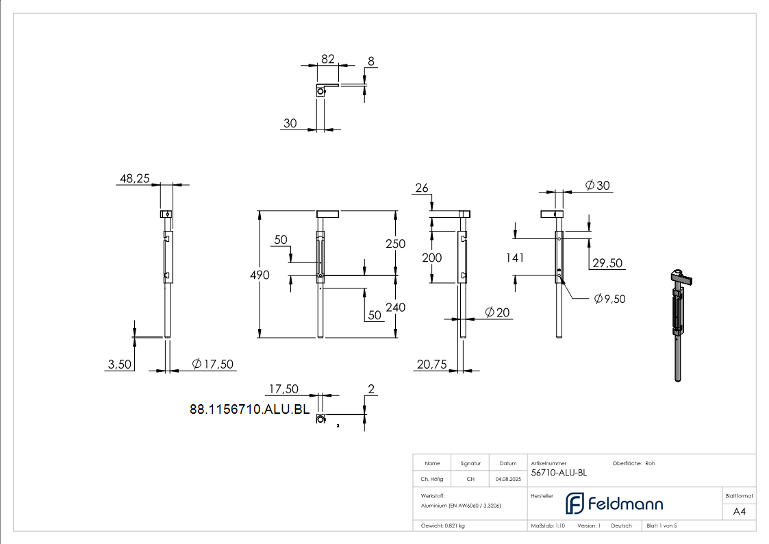 Bodenriegel mit Laenge 490mm- zum Anschrauben- blank-88-1156710-ALU.BL