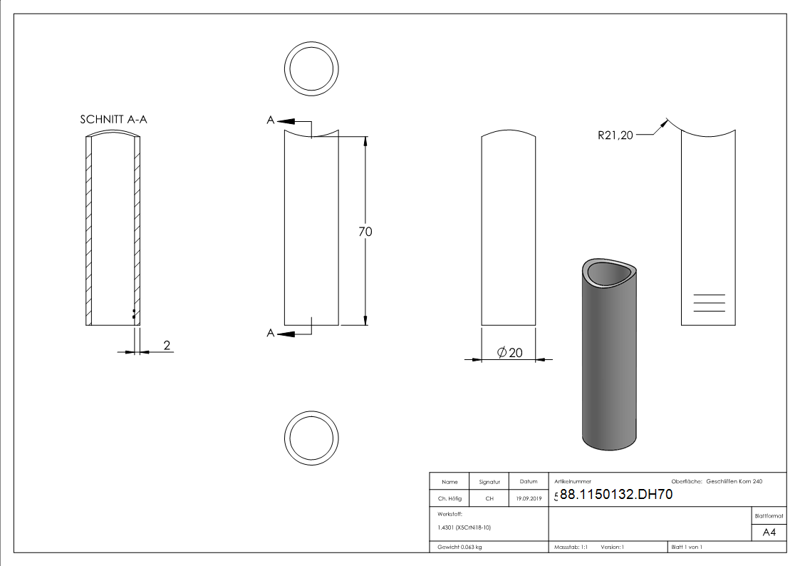 Distanzhuelse Edelstahl V2A L = 70 mm fuer Rohr Ø 42-4 mm einseitig ausgefraest-88-1150132.DH70
