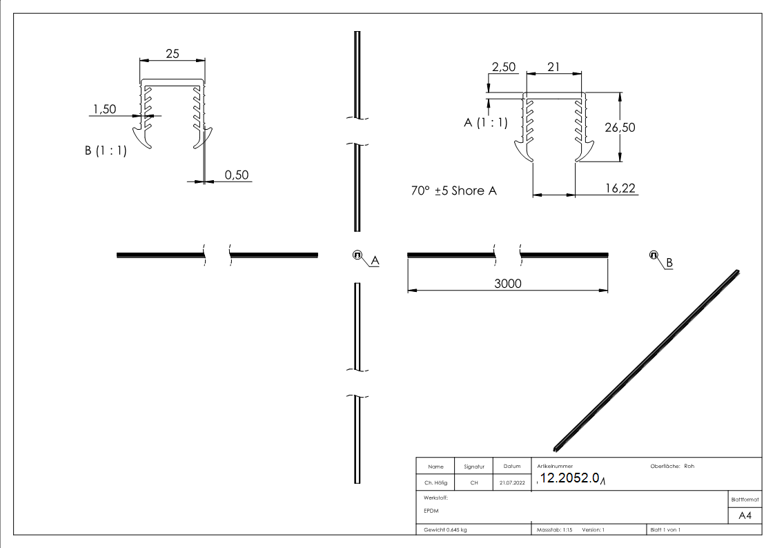 Gummieinlage - fuer Glas- 16-76-17-52 mm - fuer Nut- 24x24 mm - Laenge- 3000 mm - Kautschuk-12-2052.0