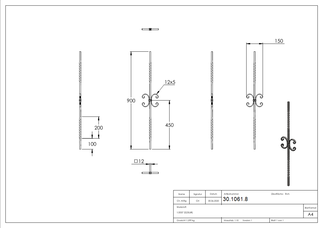 Zierstab - Laenge- 900 mm - Material- 12x12mm - glatt - Stahl -Roh- S235JR-30-1061.8
